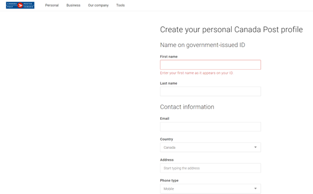  Canada Post’s profile creation page.