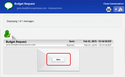 Example of new message received with an "Open" button in the center of an envelope. 