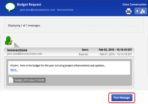 Example of new message window with text and an attached document, and the “Post message” button. 